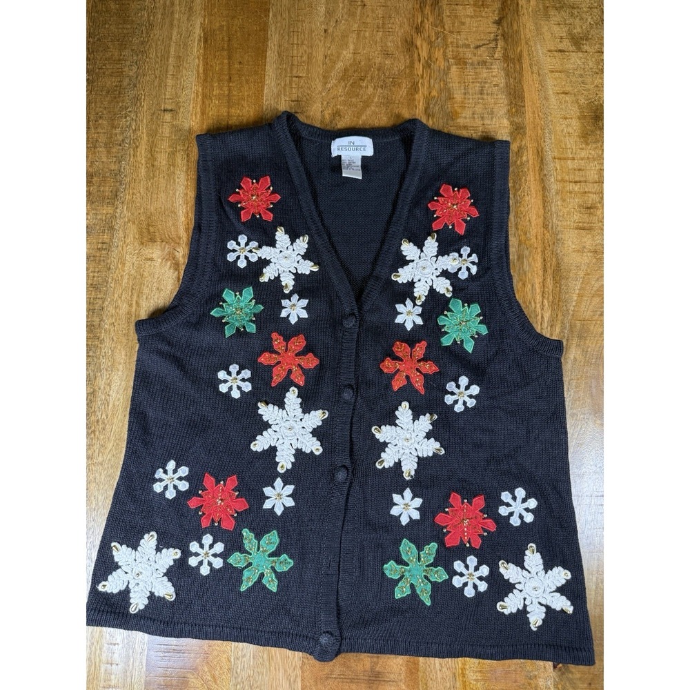 Vintage In Resource Christmas Sweater Vest L Black Snowflake Poinsettia Holiday